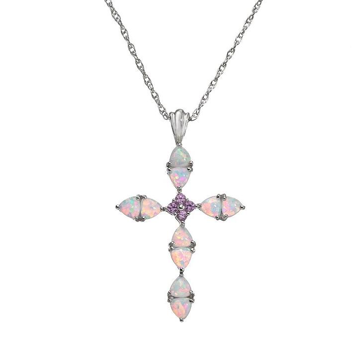 Lab-created Opal And Lab-created Pink Sapphire Sterling Silver Cross Pendant Necklace, Women's, Size: 18