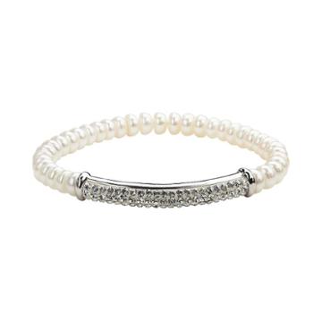 Freshwater By Honora Freshwater Cultured Pearl & Crystal Sterling Silver Stretch Bracelet, Women's, Size: 7.5, White