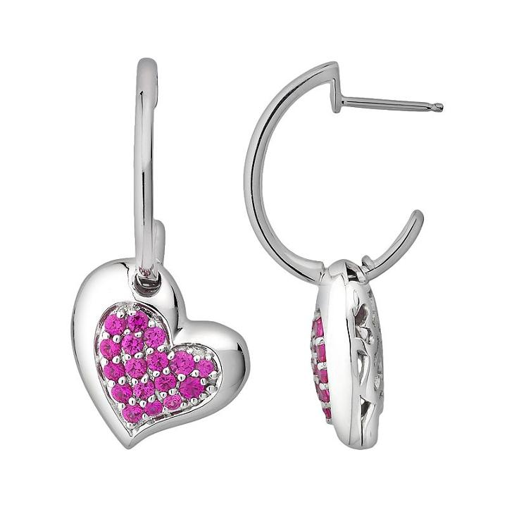 Lotopia Sterling Silver Tilted Heart Hoop Drop Earrings - Made With Swarovski Cubic Zirconia, Women's, Red