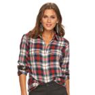 Women's Chaps Plaid Twill Button-down Shirt, Size: Medium, Red