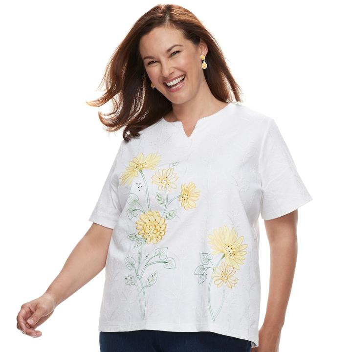 Plus Size Alfred Dunner Studio Floral Embroidery Top, Women's, Size: 2xl, White Floral