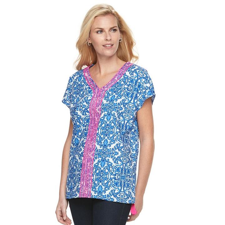 Women's Caribbean Joe Scroll Embroidered Top, Size: Medium, Blue Other