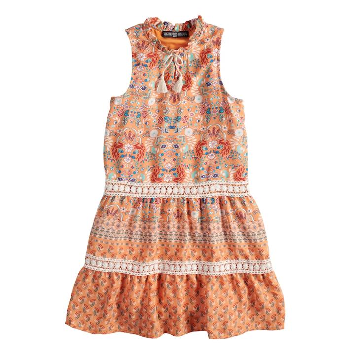 Girls 7-16 Three Pink Hearts Tassel Border Lace-up Sleeveless Dress, Size: 12, Brt Orange