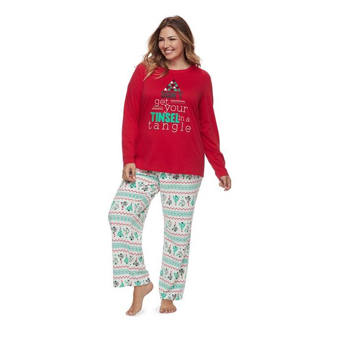 Plus Size Women's Plus Jammies For Your Families Don't Get Your Tinsel In A Tangle Top & Fleece Bottoms Pajama Set, Size: 3xl, White
