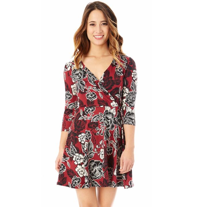 Juniors' Iz Byer Floral Faux Wrap Dress, Teens, Size: Large, Burgundy Floral