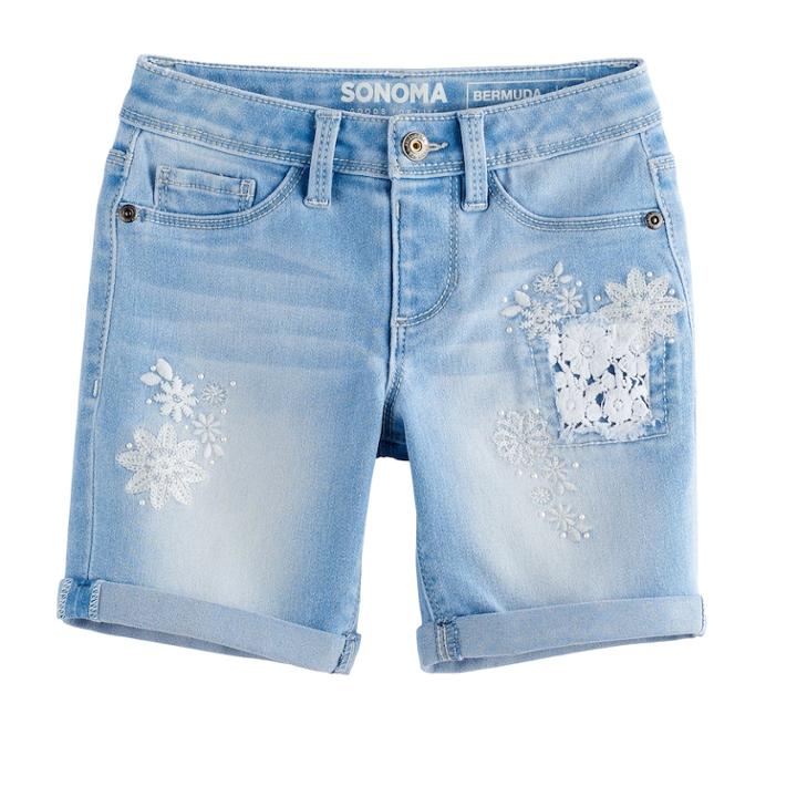 Girls 4-12 Sonoma Goods For Life&trade; Floral Embroidered Bermuda Shorts, Size: 7, Blue