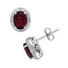 Sterling Silver Garnet And Diamond Accent Oval Frame Stud Earrings, Women's, Red