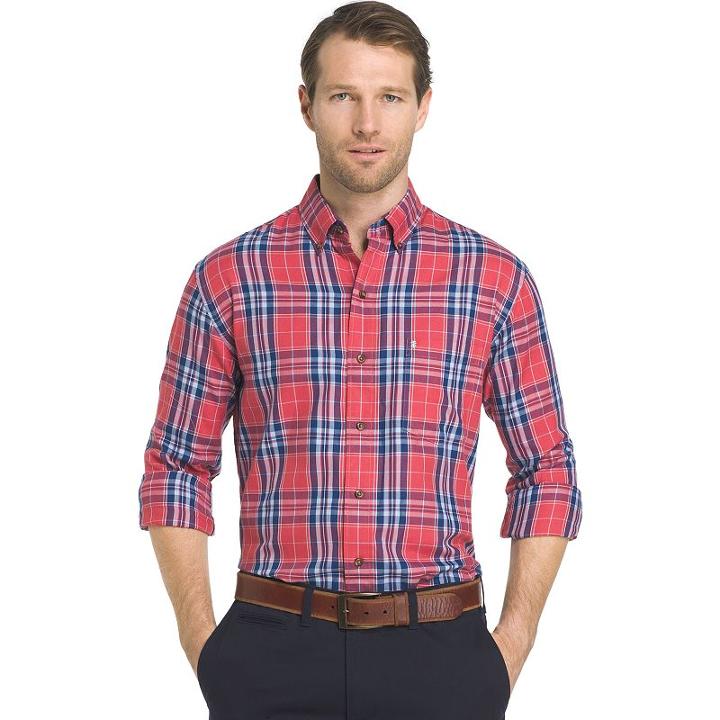 Men's Izod Fieldhouse Regular-fit Plaid Easy-care Button-down Shirt, Size: Large, Red Other