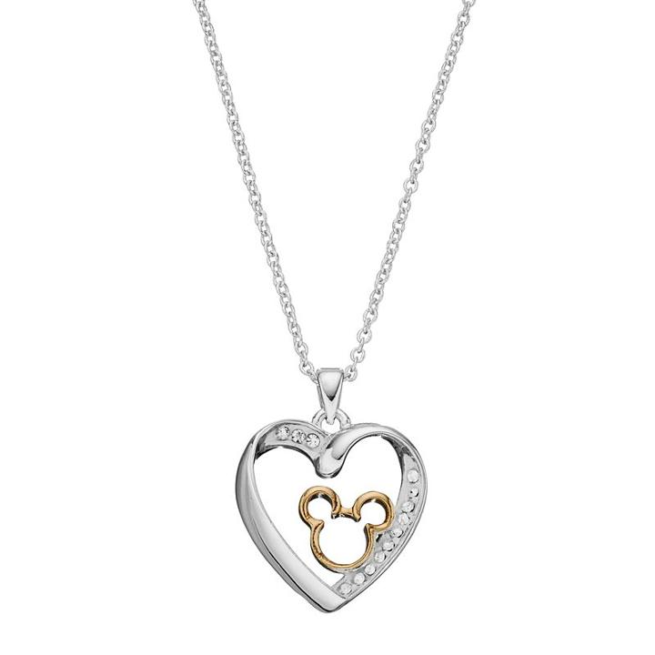 Disney Two Tone Silver Plated Crystal Mickey Mouse Heart Pendant Necklace, Women's