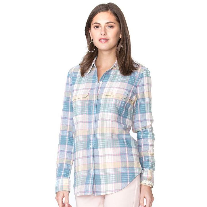 Petite Chaps Plaid Twill Button-down Shirt, Women's, Size: M Petite, Blue
