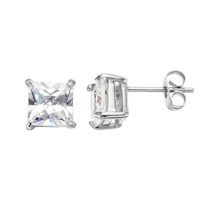 Men's Stainless Steel Cubic Zirconia Square Stud Earrings, White