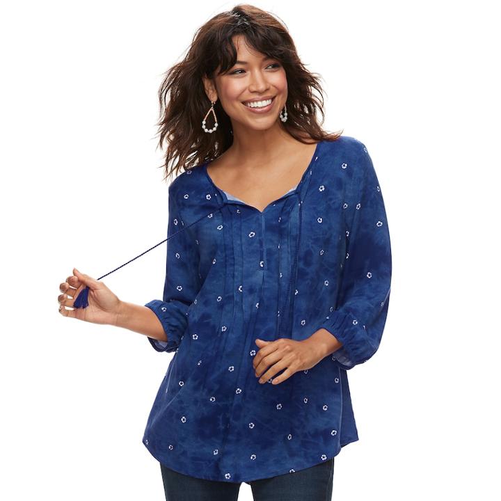 Petite Sonoma Goods For Life&trade; Printed Pintuck Peasant Top, Women's, Size: L Petite, Dark Blue