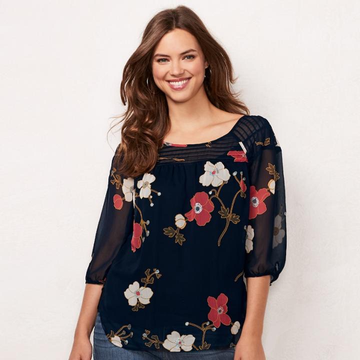 Women's Lc Lauren Conrad Printed Chiffon Peasant Top, Size: Xs, Blue