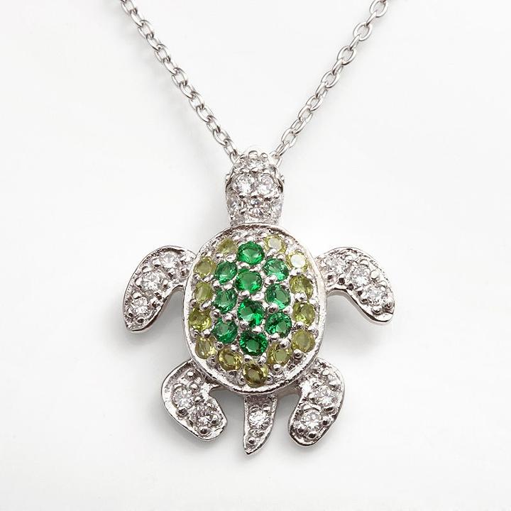 Sophie Miller Sterling Silver Simulated Emerald, Simulated Peridot And Cubic Zirconia Turtle Pendant, Women's, Size: 16, Green