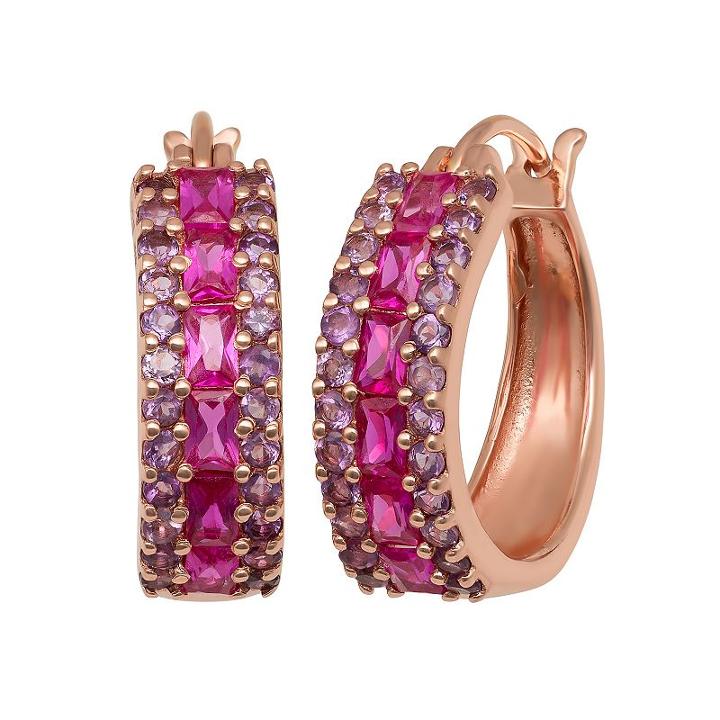 14k Rose Gold Over Silver Lab-created Ruby And Amethyst Hoop Earrings, Women's, Purple