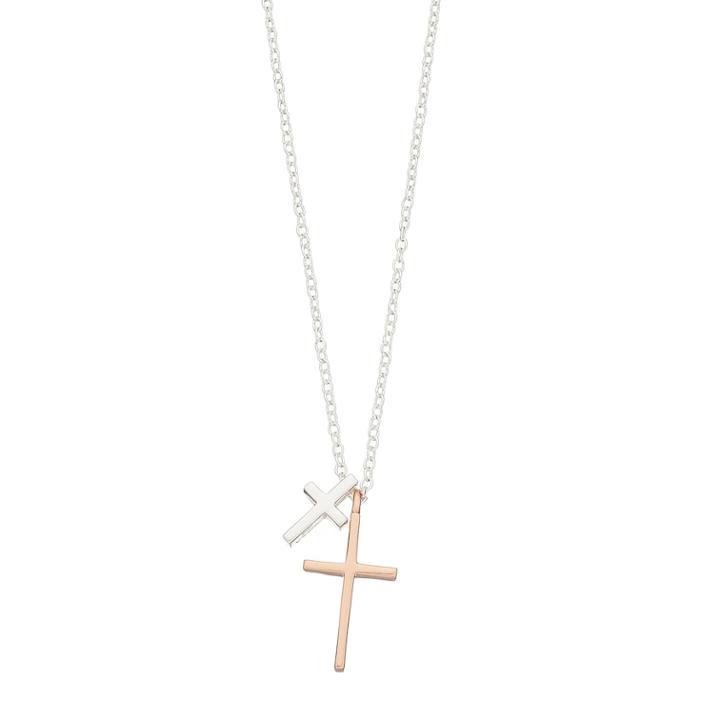 Love This Life Two Tone Sterling Silver Double Cross Pendant Necklace, Women's
