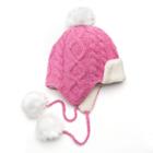 Sijjl Women's Cable-knit Pom-pom Wool Trapper Hat, Pink