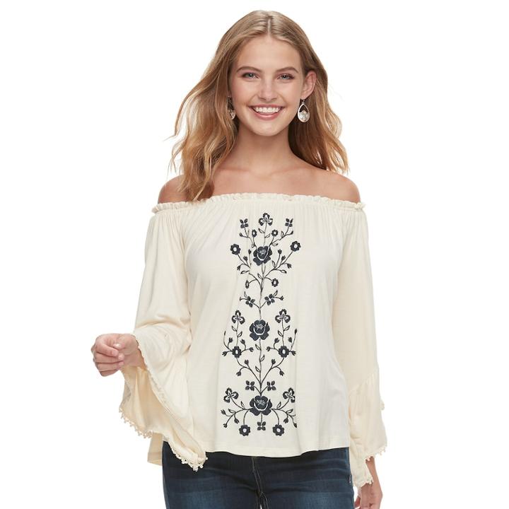 Juniors' Hint Of Mint Floral Off-the-shoulder Top, Teens, Size: Large, Natural