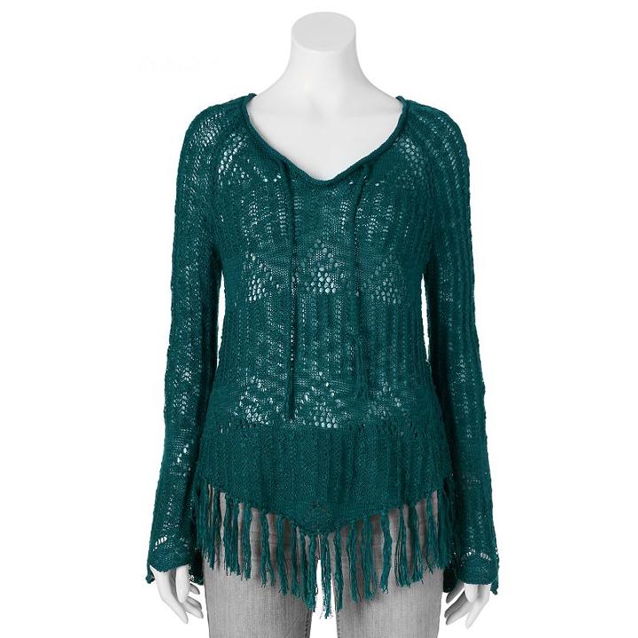 Juniors' It's Our Time Open-work Fringe V-hem Top, Girl's, Size: Medium, Green Oth