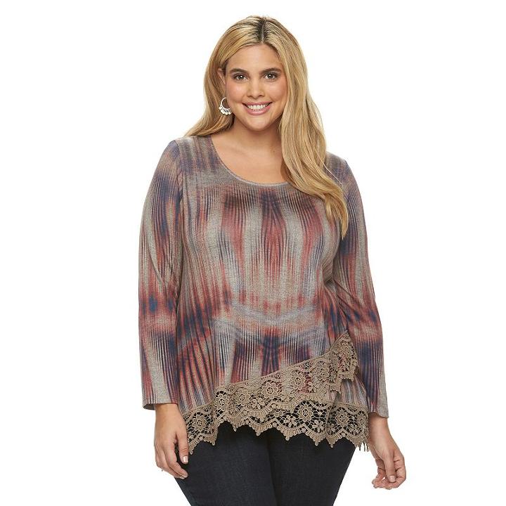 Plus Size World Unity Striped Lace-hem Top, Women's, Size: 0x, Med Brown