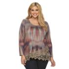 Plus Size World Unity Striped Lace-hem Top, Women's, Size: 0x, Med Brown