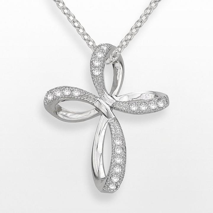 Silver-plated Cubic Zirconia Twist Cross Pendant, Women's, Size: 18, White