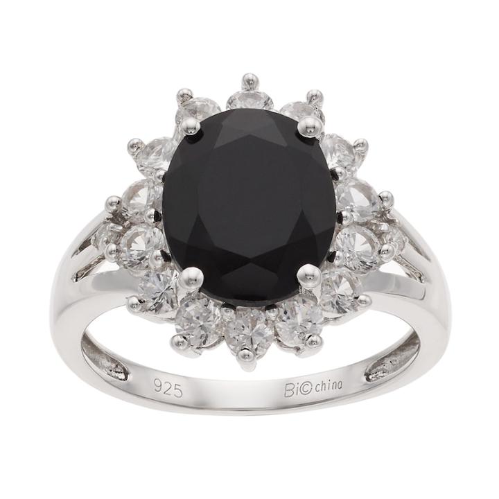 Sterling Silver Onyx & Lab-created White Sapphire Split Shank Ring, Women's, Size: 5