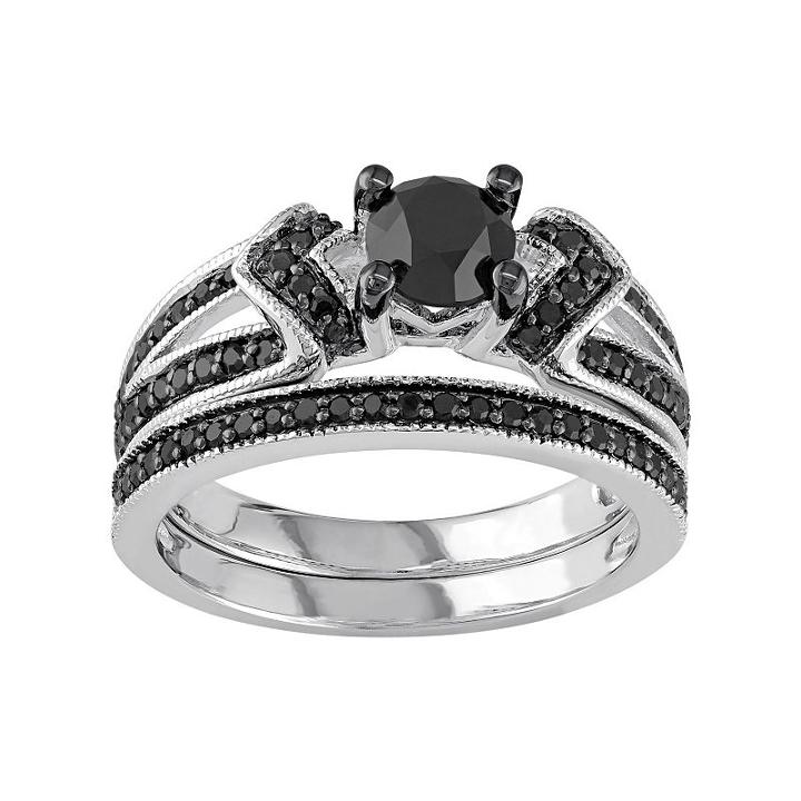 Sterling Silver 1 1/8 Carat T.w. Black Diamond Engagement Ring Set, Women's, Size: 9