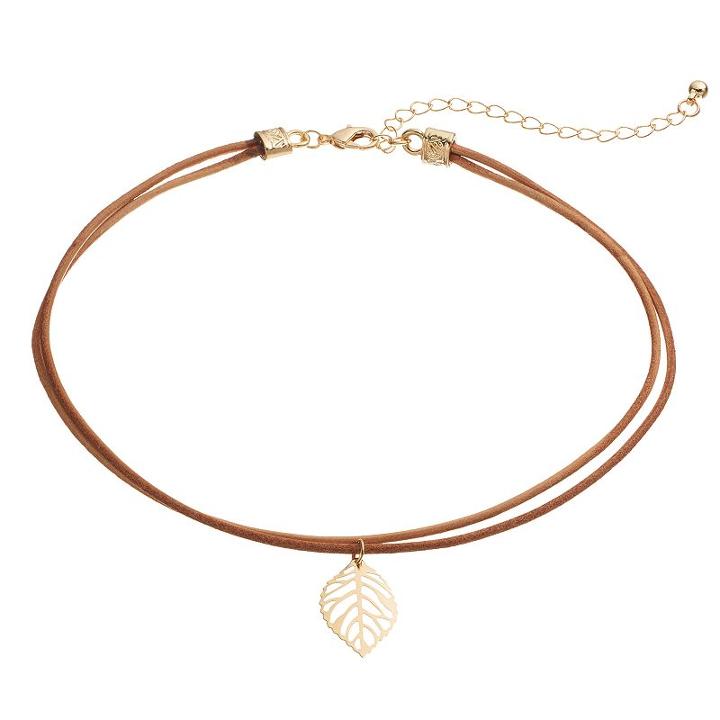 Brown Leaf Charm Double Strand Cord Choker Necklace, Women's