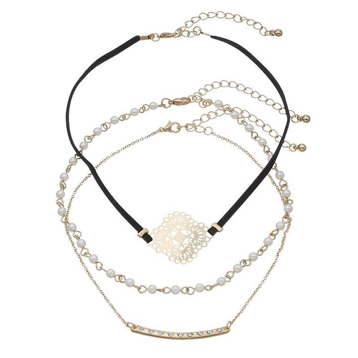 Mudd&reg; Simulated Pearl, Filigree & Curved Bar Choker Necklace Set, Girl's, Black