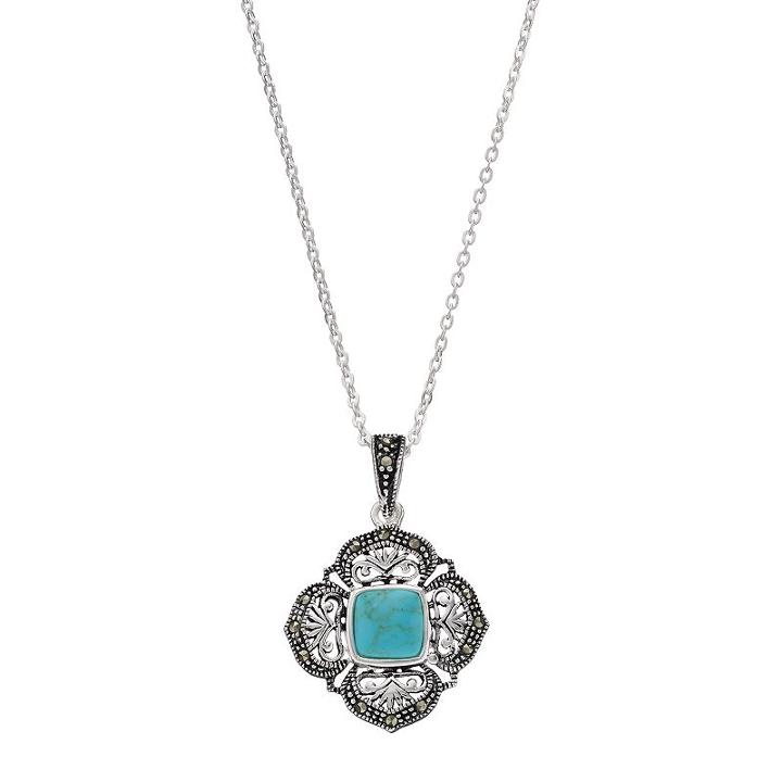 Silver Luxuries Simulated Turquoise & Marcasite Filigree Square Pendant Necklace, Women's