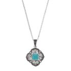 Silver Luxuries Simulated Turquoise & Marcasite Filigree Square Pendant Necklace, Women's