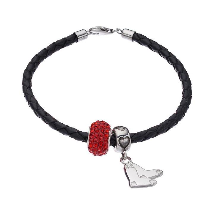 Logoart Boston Red Sox Crystal Sterling Silver & Leather Charm Bracelet, Women's, Size: 7.5, Black