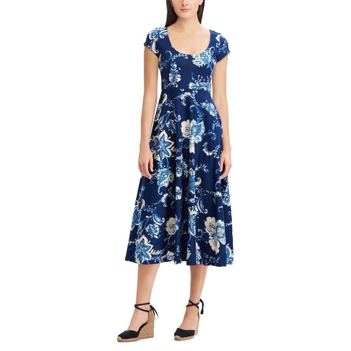 Women's Chaps Tropical Fit & Flare Midi Dress, Size: Xs, Blue