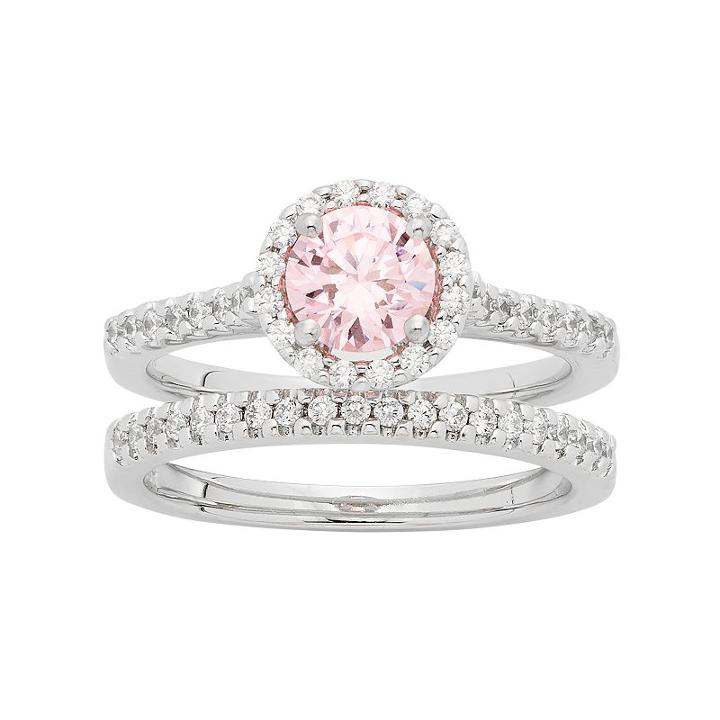 Sterling Silver Pink Cubic Zirconia Round Halo Engagement Ring Set, Women's, Size: 6