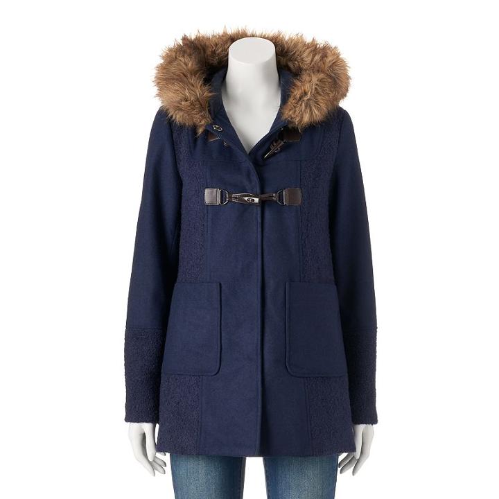 Juniors' Coffee Shop Wool Toggle Faux-fur Jacket, Girl's, Size: Large, Blue (navy)