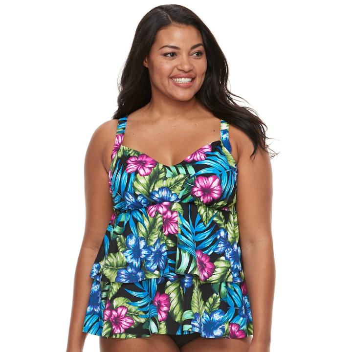 Plus Size Trimshaper Rylee Bust Enhancer Tiered Tankini Top, Women's, Size: 20 W, Black Multi