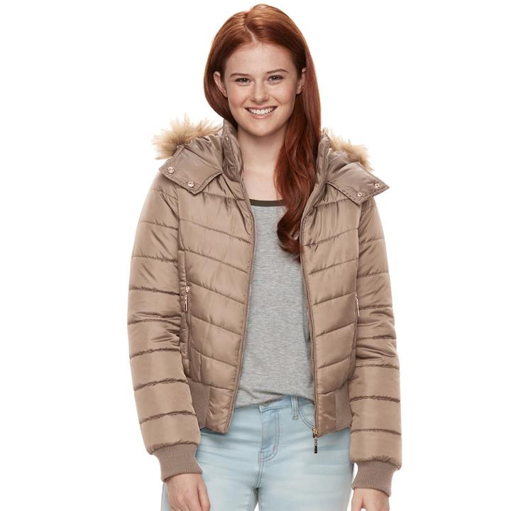 Juniors' J-2 Hooded Puffer Bomber Jacket, Teens, Size: Xl, Med Beige