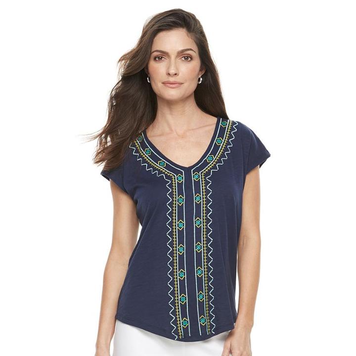 Women's Kate And Sam Embroidered V-neck Tee, Size: Medium, Blue (navy)