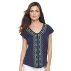Women's Kate And Sam Embroidered V-neck Tee, Size: Medium, Blue (navy)