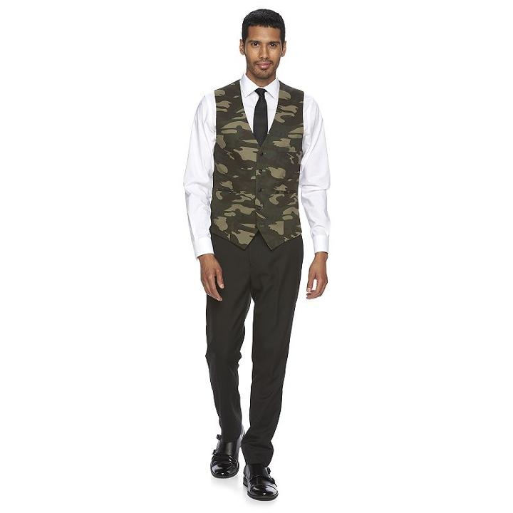 Men's Wd. Ny Slim-fit Black & Camo Suit Vest, Size: Large, Grey (charcoal)
