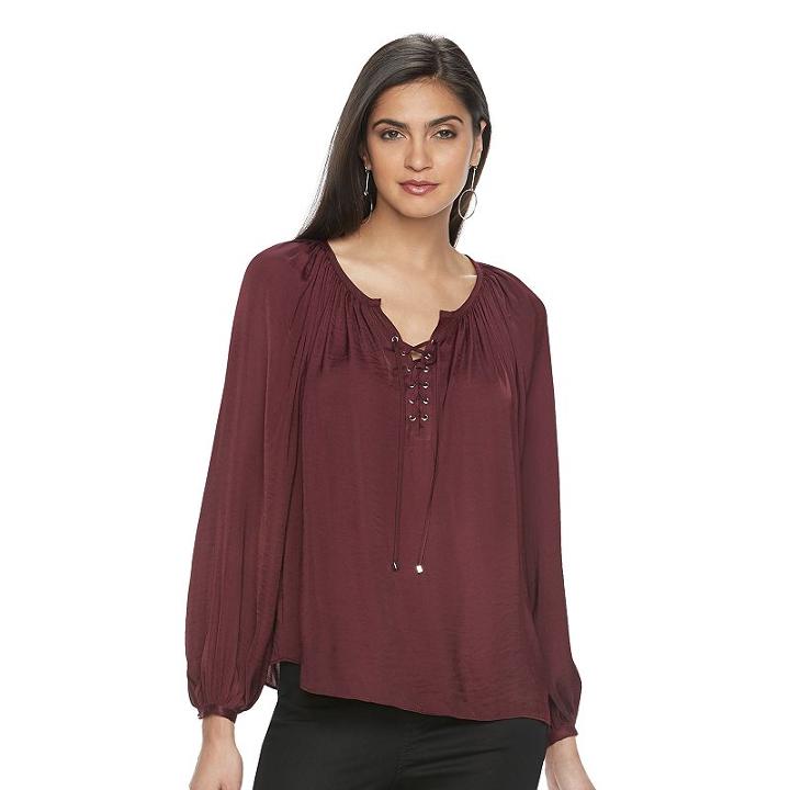 Petite Jennifer Lopez Lace-up Blouse, Women's, Size: M Petite, Dark Red