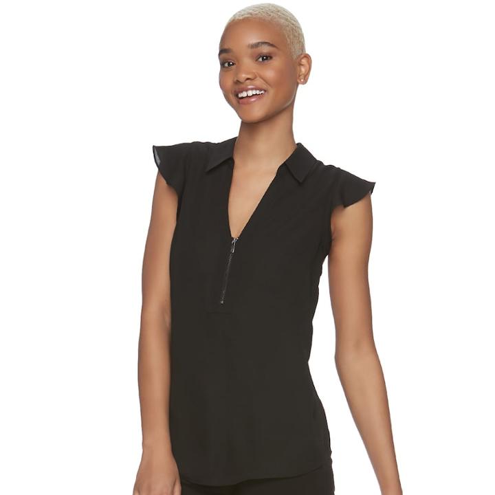 Juniors' Candie's&reg; Zip Front Flutter Sleeve Top, Teens, Size: Large, Black