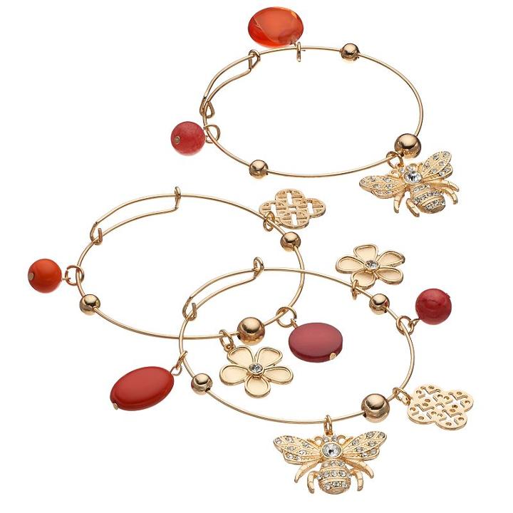Bee & Flower Charm Bangle Bracelet Set, Women's, Med Orange