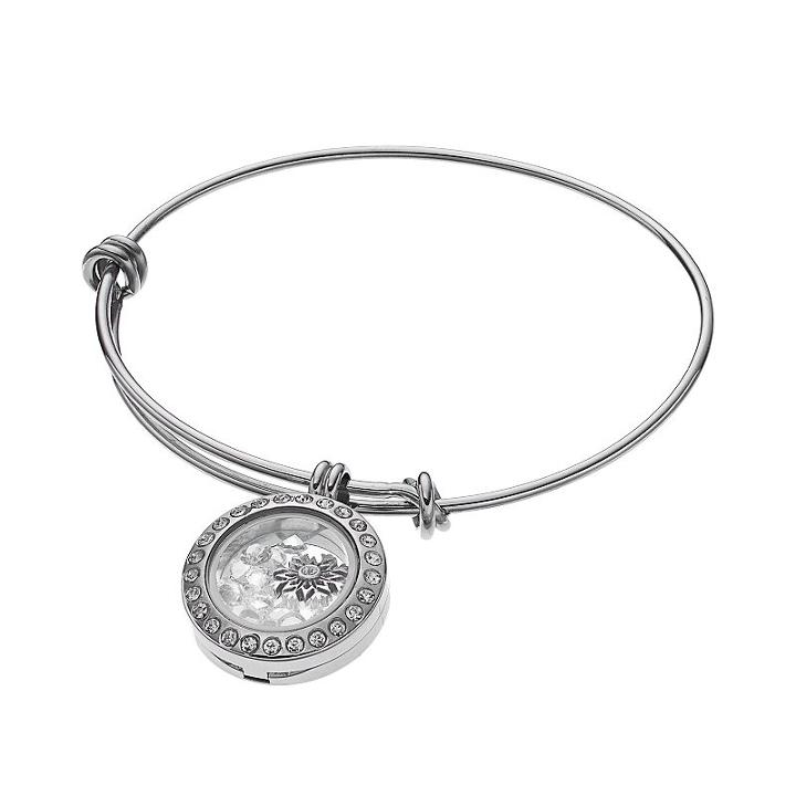 Blue La Rue Crystal Stainless Steel .8-in. Round Snowflake Charm Locket Bangle Bracelet, Women's, Multicolor
