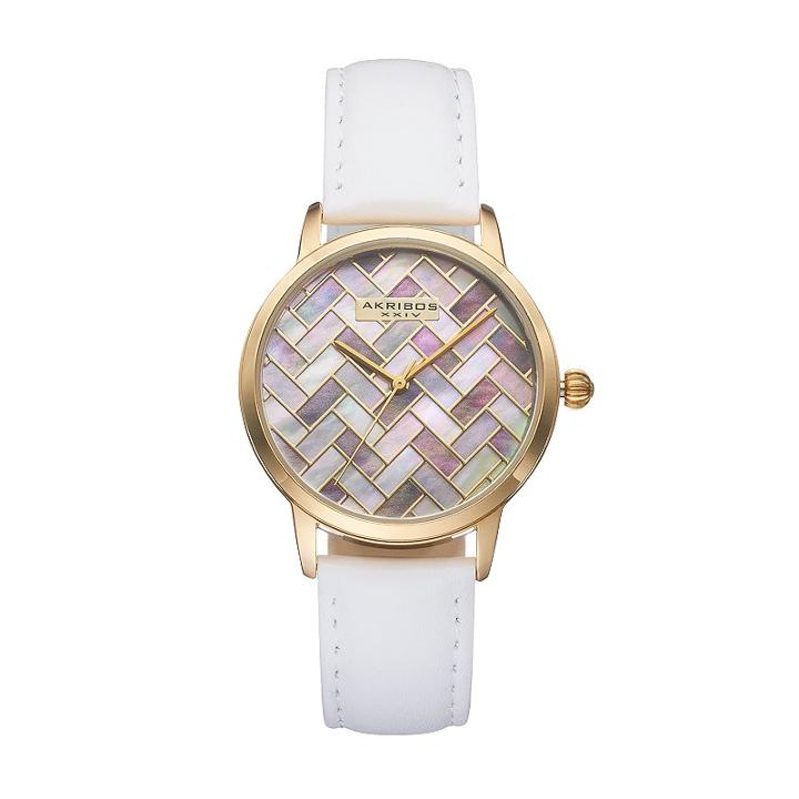 Akribos Xxiv Women's Ornate Artistic Leather Watch, White