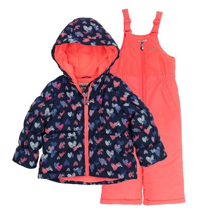 Baby Girl Oshkosh B'gosh&reg; Navy & Coral Heart Heavyweight Hooded Jacket & Bib Snow Pants Set, Size: 24 Months, Brt Pink