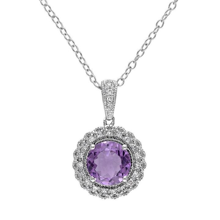 Sterling Silver Amethyst & 1/10 Carat T.w. Diamond Halo Pendant, Women's, Size: 18, Purple