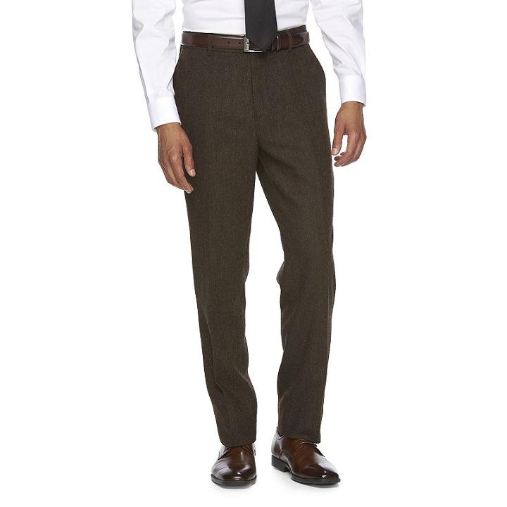 Men's Wd. Ny Slim-fit Brown Tweed Wool-blend Flat-front Suit Pants, Size: 31x32, Med Brown