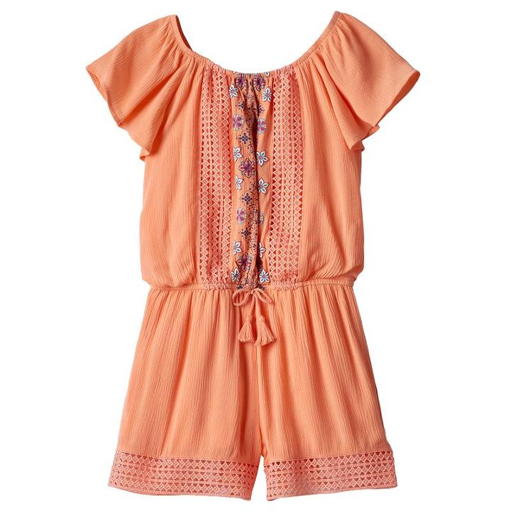 Girls 7-16 My Michelle Printed Embroidery Front Romper, Girl's, Size: Medium, Orange Oth